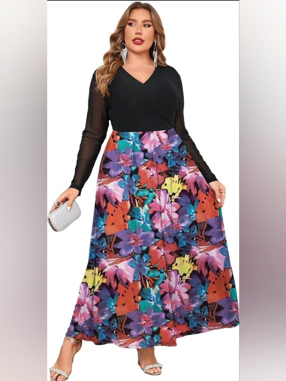 Zomva Floral Print Mesh V Neck Maxi Dress Long Sleeve Flowy Size: 3XL NWT